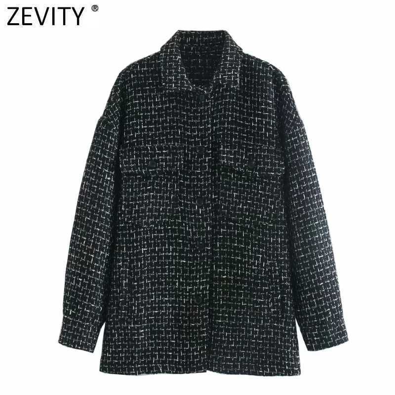 

Zevity Women Vintage Plaid Casual Black Woolen Shirt Coat Female Chic Long Sleeve Outwear Jacket Streetwear Pockets Tops CT627 210603, As pic ct627xqj