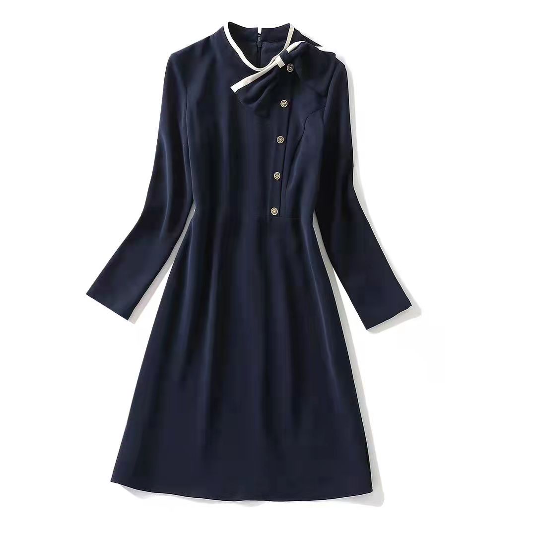 

European and American women' clothing winter 2022 new Bow collar with long sleeves Fashionable slim dress, Blue