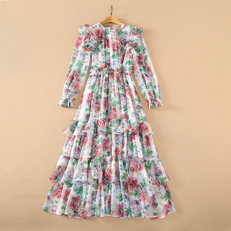 

Europe and the United States women' clothing New Summer 2021 Long sleeve collar Fashion print flounces Pleated dress, Multi