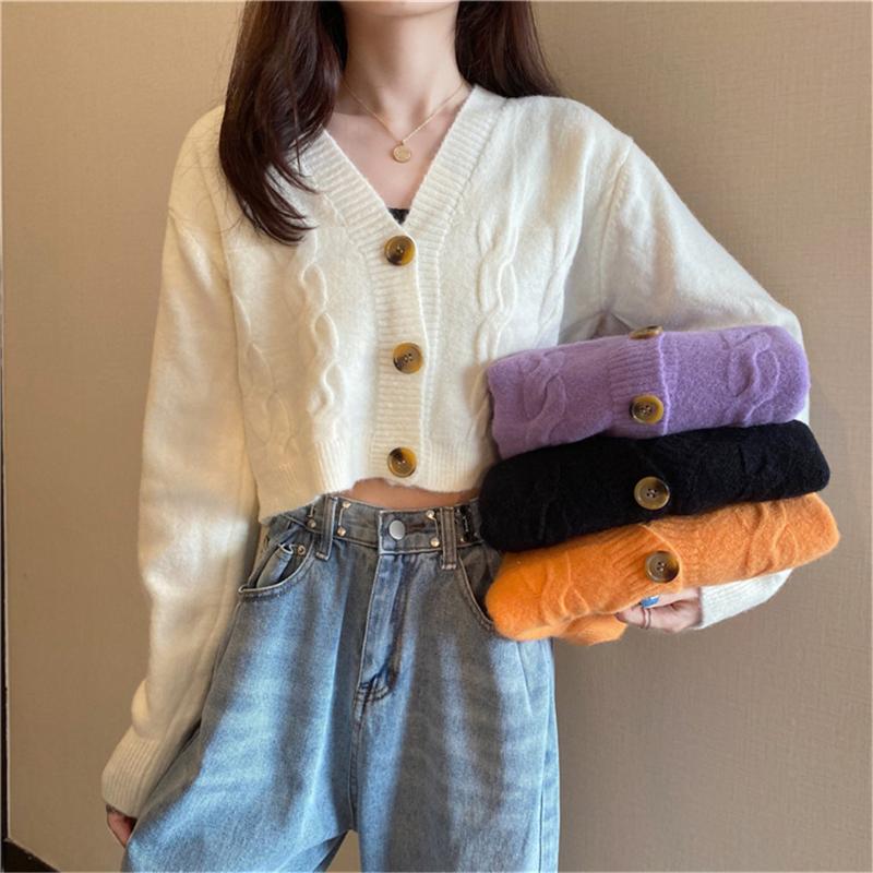 

Women' Knits & Tees Sweater Oversize Women Autumn Cropped V-neck Adult Standard Lady Knitwear Solid 2021 Purple Korean Style Lovely Cardiga, Orange