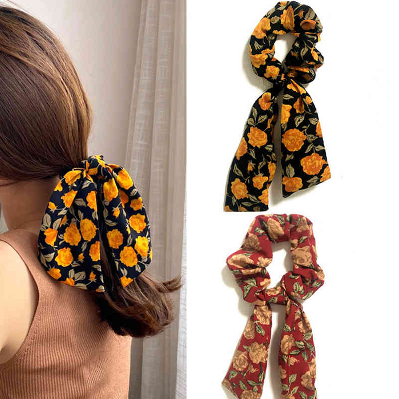 

3/5PCS Girls Satin Fabric Elastic Bands Floral Cloth Ribbons For Hair Scrunchies Women Ponytail Holder Accessories