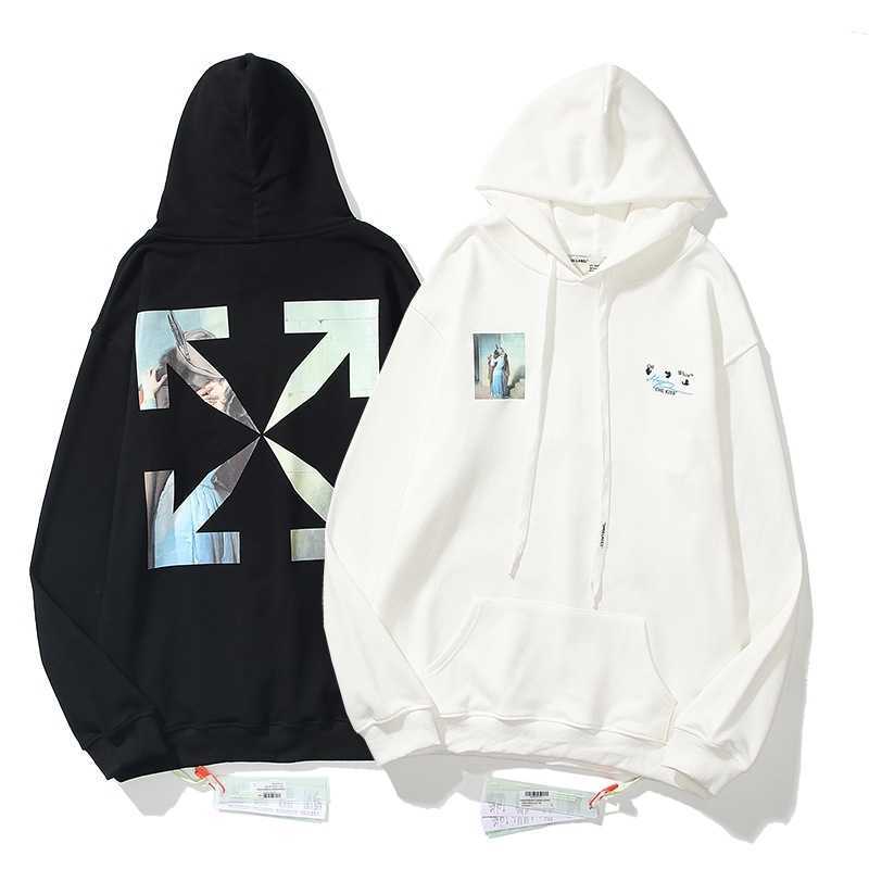 

Off fashion autumn winter new religious arrow print men' and women' Hooded Sweater loose hip hop couple coat, White