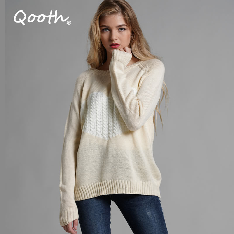 

Qooth Autumn Winter Women Sweaters Loose Heart Pattern Long Sleeve Tops Lovely Pullovers Knitted Loose Jumper QT325 210518, Grey white heart