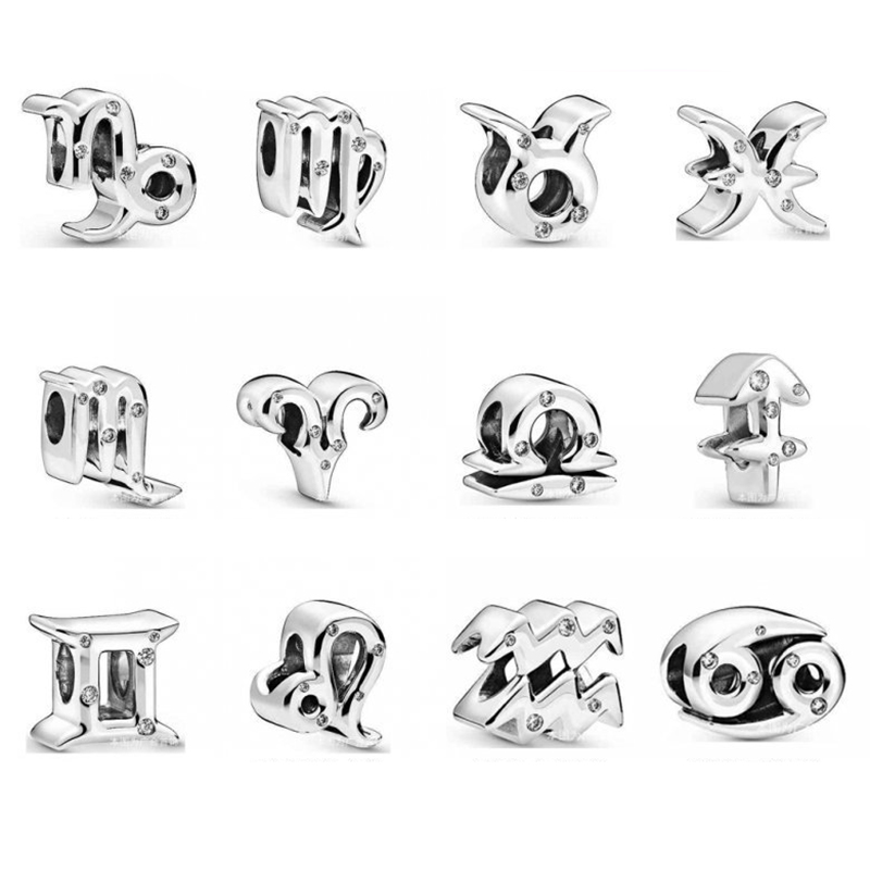 

Silver Sparkling Constellation Zodiac Charm Beads Fit Original Pandora Charms Bracelet Bead Jewelry Making For Women
