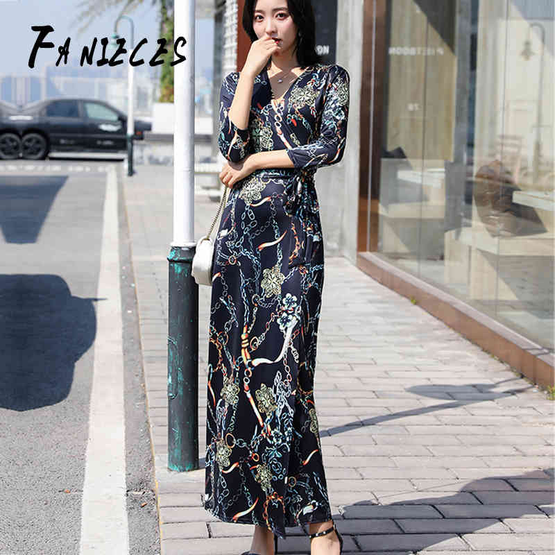 

Women Long Floral Print Summer Maxi Bohemian Beach Dresses Elegant Party 3/4 Sleeve Office Shirt Vestidos Longo 210520, V36-3085