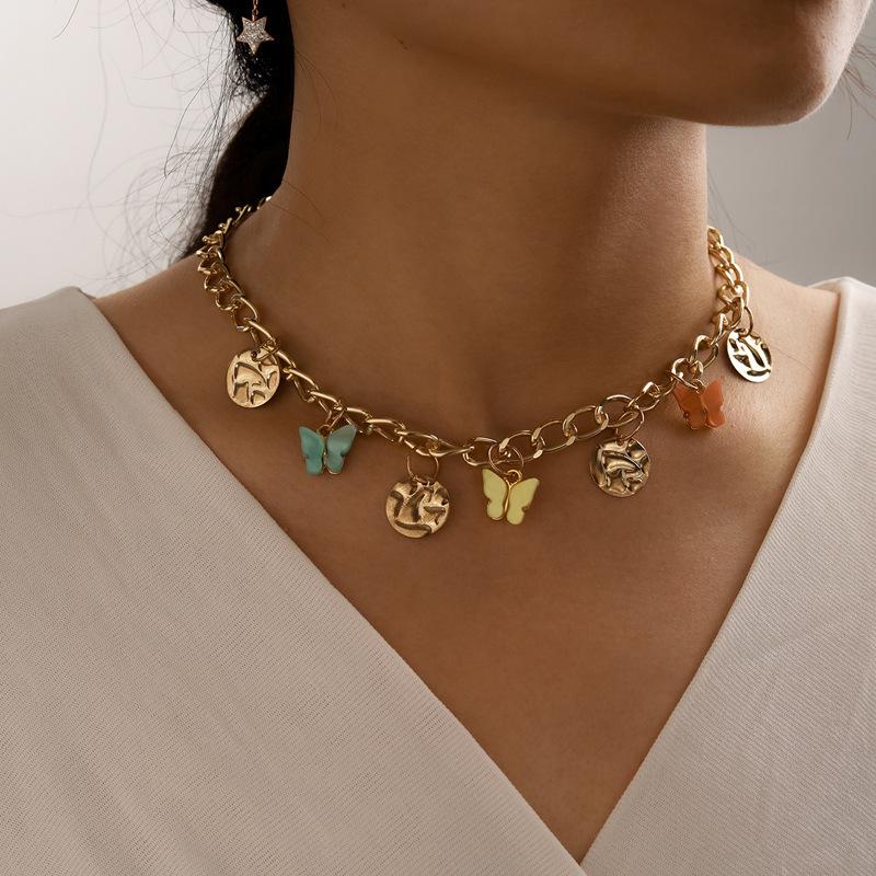 

Chokers Punk Jewelry Butterfly Pendant Choker Necklace Around The Neck Gold Color Chains Statement For Women Party Bijoxu