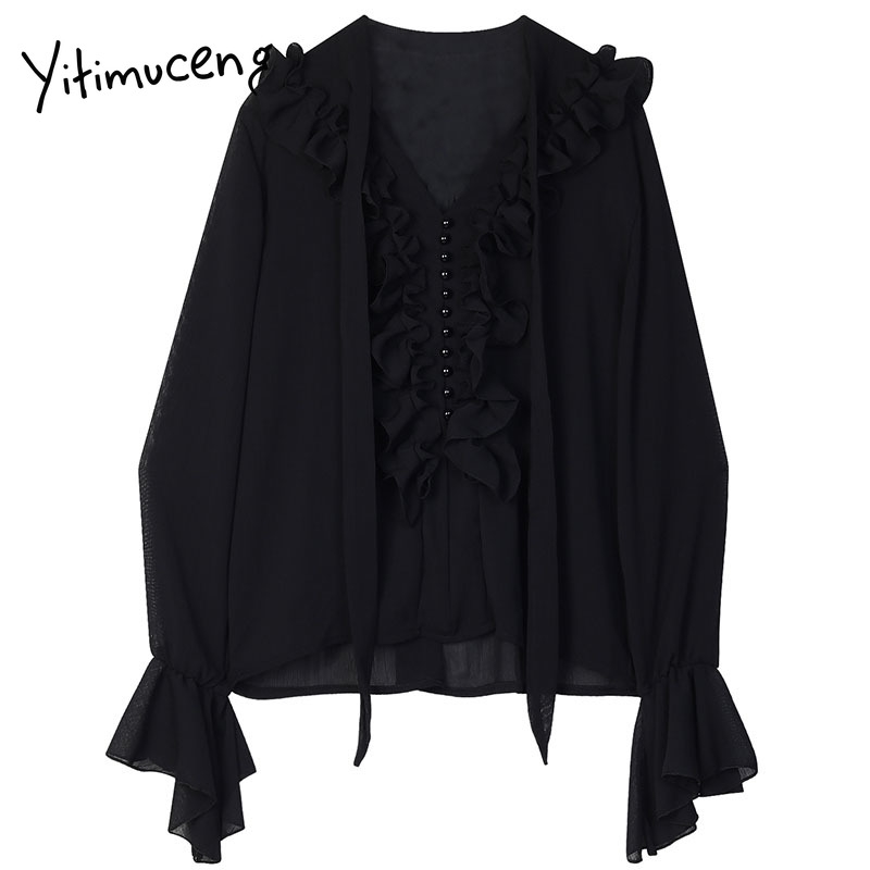 

Yitimuceng Vintage Ruffles Lace Up Blouse Women Shirts Loose Spring Butterfly Sleeve V-Neck Edible Tree Fungus Tops 210601, Black