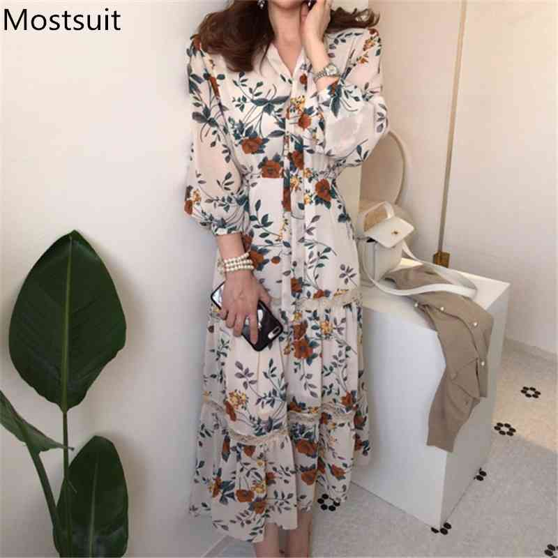 

Spring Korean Printed Long Dress Women Full Sleeve V-neck Elastic Waist Lace Patchwork Vintage Fashion Elegant Vestidos 210518, Beige