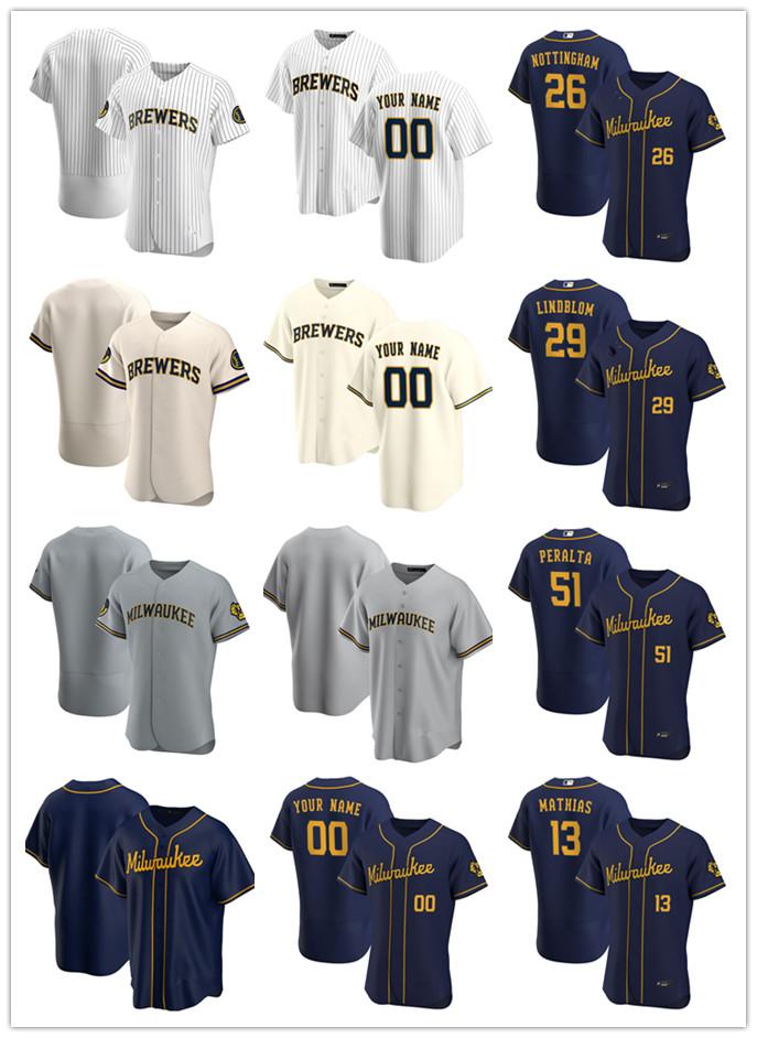 

Custom Jersey Mens Milwaukee Brewers 29 Josh Lindblom 13 Mark Mathias 26 Jacob Nottingham 51 Freddy Peralta Baseball Jerseys, Blue;black