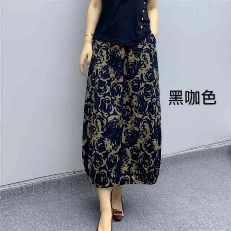 

cotton and linen longuette autumn womens skirt high waist printed mujer faldas saias mulher, Black
