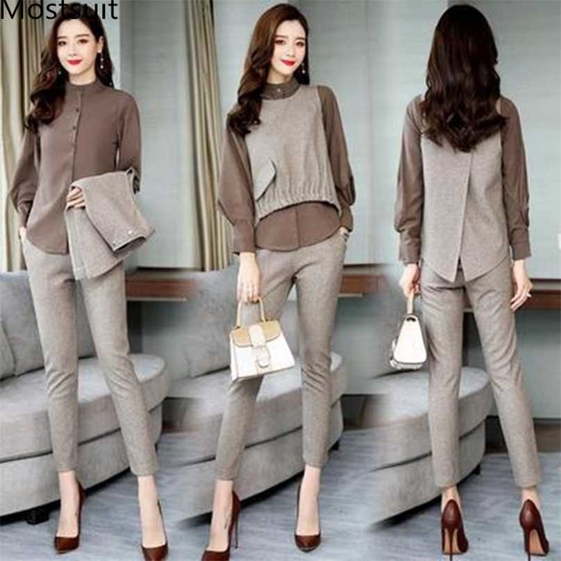 

Spring Office 3 Piece Set Long Sleeve Blouse+vest+pants Suits Casual Korean Elegant Ladie's Femme 211106, Blue
