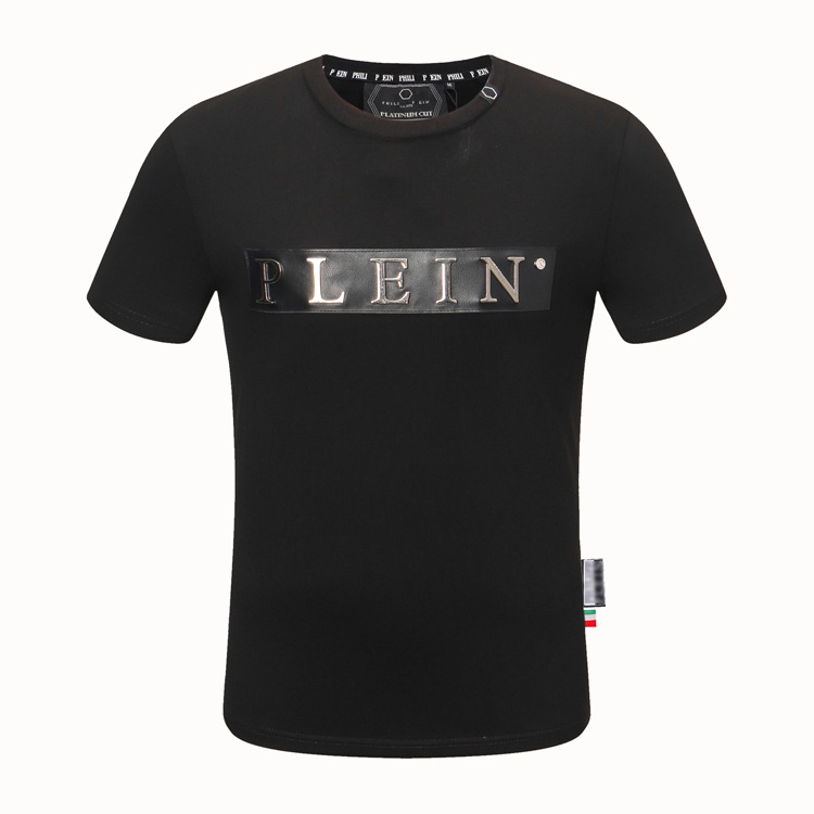 

Tide brand Rhine men's short-sleeved T shirt iron logo letter round neck men's clothing, Black
