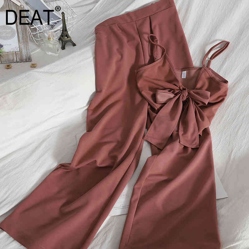 

Spring Summer Fashion Bow Sexy Suspender Top + High Waist Slim Loose Pants Two Piece Set Women SK063 210525, Blue