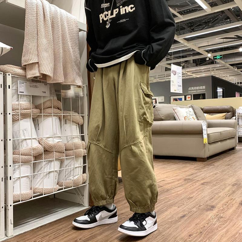

Men's Pants Cotton Casual Men Fashion Retro Pocket Cargo Streetwear Loose Hip-hop Straight Mens Overalls Trousers, Black