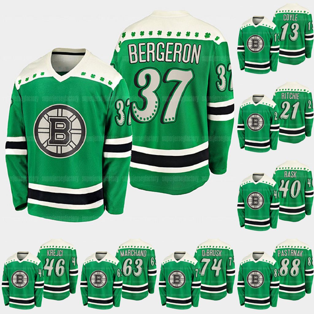 

Patrice Bergeron Boston Bruins 2021 St Patricks Day Jersey David Pastrnak Brad Marchand Charlie McAvoy David Krejci Torey Krug Charlie Coyle Trent Frederic, 40 tuukka rask