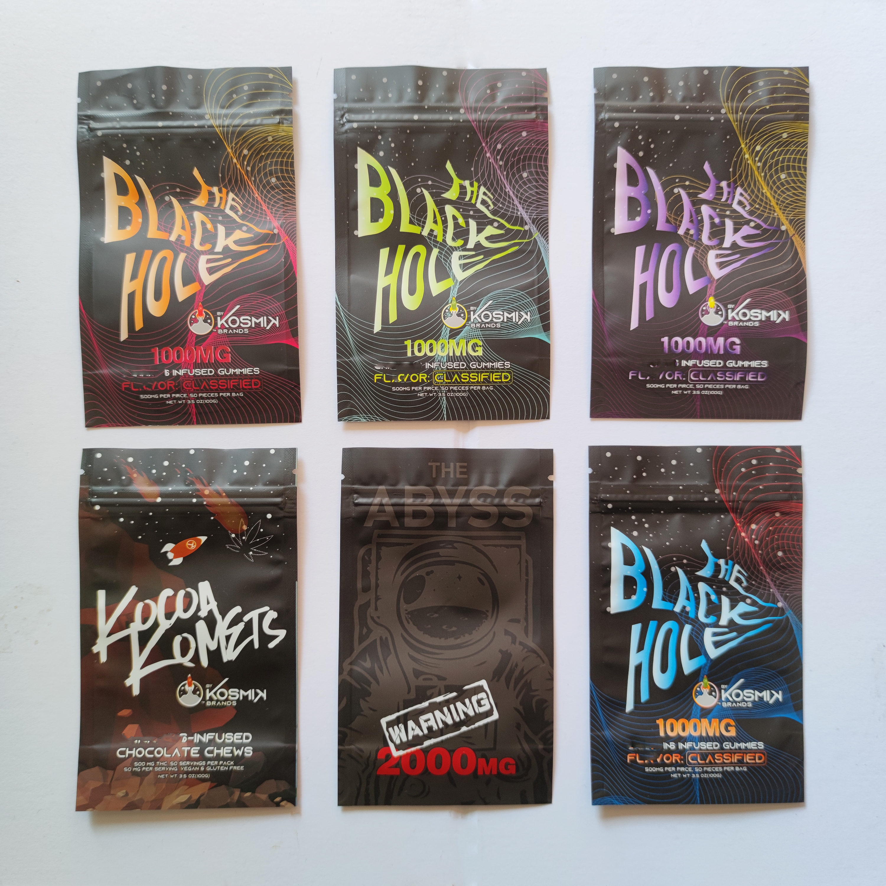 

The black hole kosmik brands sour fruit gummies packing bags 1000mg 500mg servings per pack per 3.5oz resealable mylar Edibles Infused Gummy zipper bag Newest