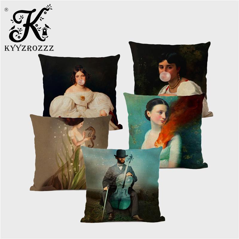 

Vintage Art Deco Cushion Cover Marine Style Fantasy Elf Cartoon Cello Music Gentleman Girl High Quality Custom Pillowcase Cushion/Decorative