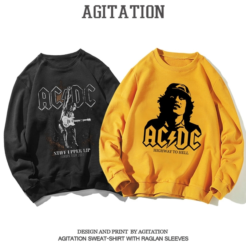 

High street fashion hip hop trend metal rock band ACDC clothes men's sweater autumn long sleeve backing, White 1