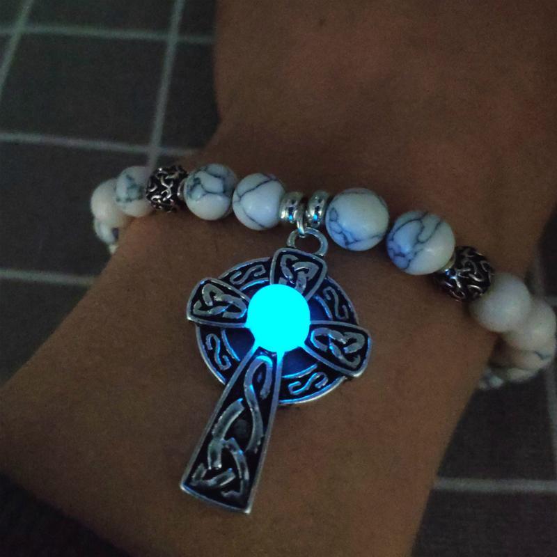 Charm Bracelets Retro Metal Cross Pendant Luminous Bangle Personality Natural Stone Beads Bracelet Glow In The Dark Jewelry Gift For Women M-image-707213293