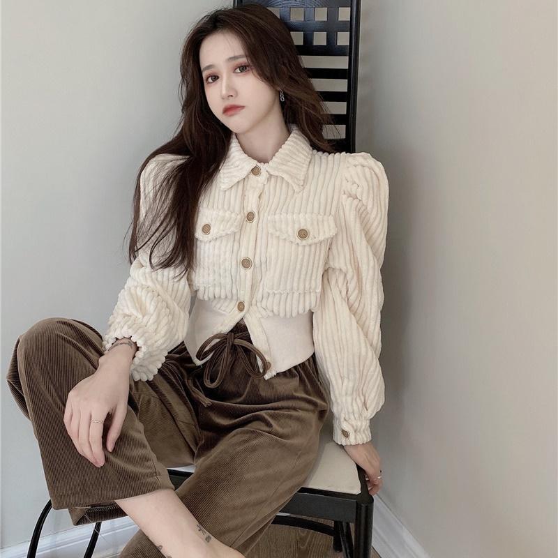 

Women's Jackets Vintage Women Corduroy Jacket Elegant Turn-Down Collar Puffy Sleeve Top Female Casual Single Breasted Tops Spring 5919