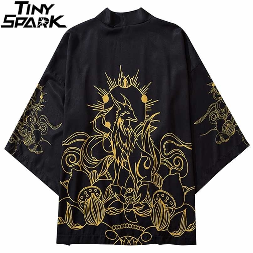 

Japanese Kimono Jacket Lotus Fairy Dog Harajuku Hip Hop Men Japan Streetwear Summer Thin Clothing Loose Black 211110, A227111