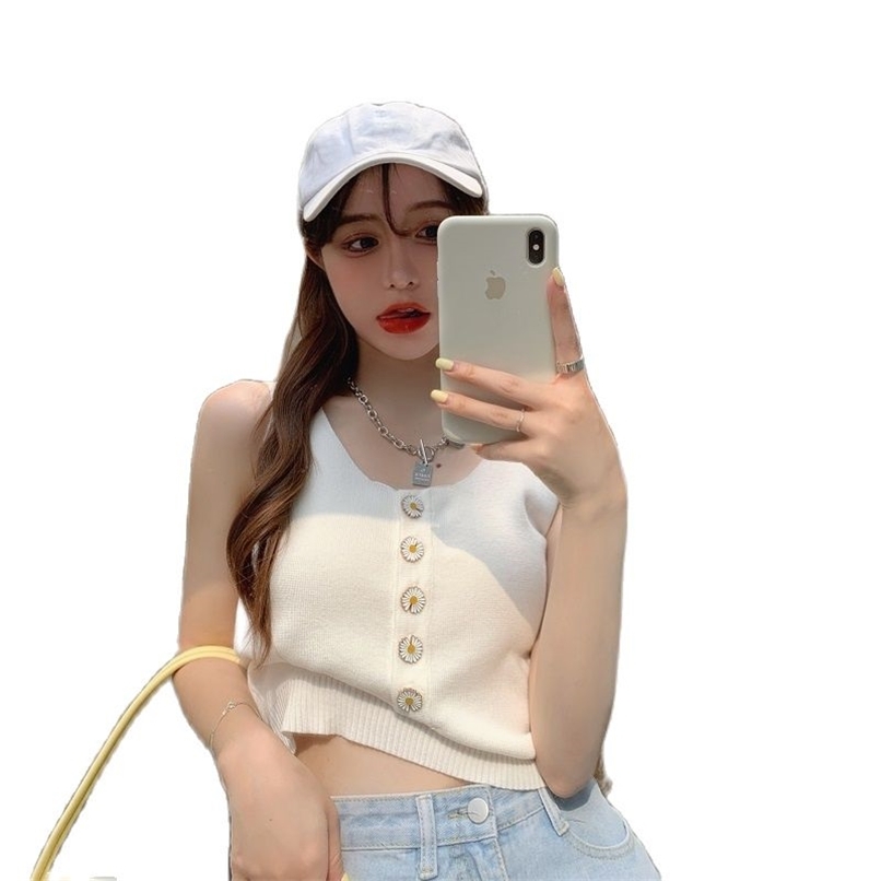 

4XL Fashion Women's Knitted Vest Summer Knit Sweater Little Daisy Button Top Plus Size Clothing 210520, Black