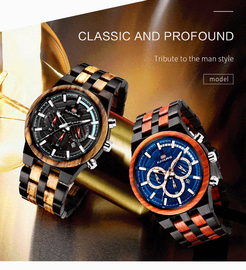 

Wristwatches Kun Huang Wooden Watch Men Erkek Kol Saati Luxury Stylish Wood Timepieces Chronograph Military Quartz Watches In Gift