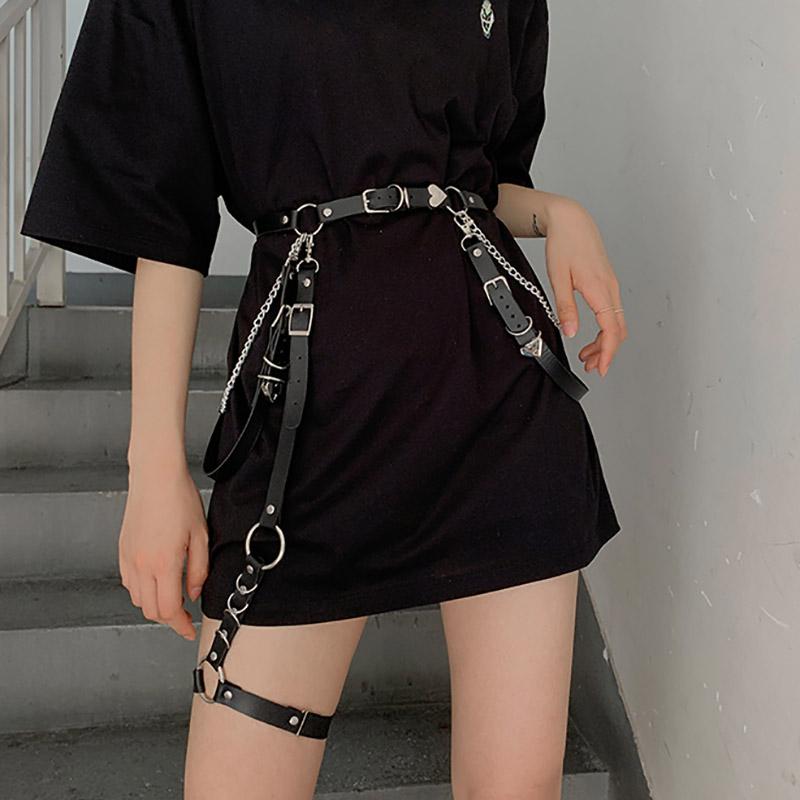 

Punk Hip Hop Women Belts With Chain Harajuku PU Leather Leg Belt Body Waist Strap Jk Dress Jeans Slim Bondage Cool Waistband, Black;brown