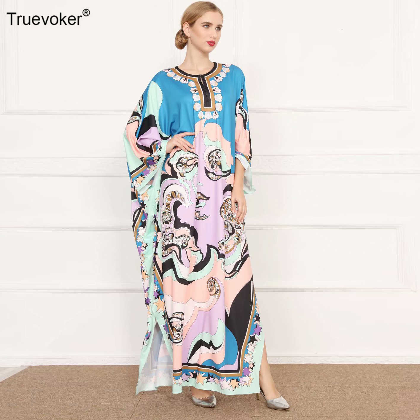 

Truevoker Autumn Runway High End Dres' Batwing Sleeve Geometry Print Boho Floor-Length Party Dresses Plus Size 6XXL 210602, Knitting cotton