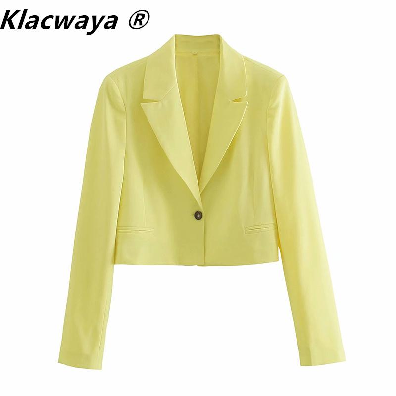 

Women's Suits & Blazers Klacwaya Women 2021 Yellow Cotton Cropped Blazer Elegant Office Ladies Long Sleeve Single Button Short Suit Jacket