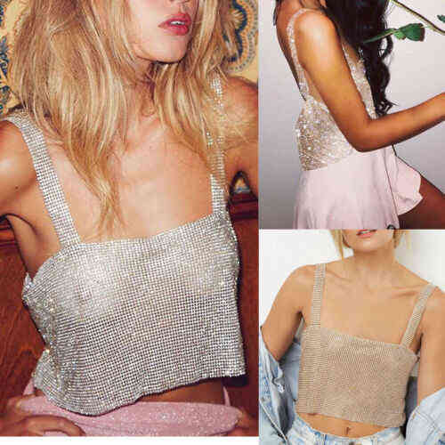 

Summer New Style Sexy Women Nightclub Party Sparkly Crystal Rhinestone Metal Chainmail Halter Draped Bra Crop Top Strap Tube Top Y220304, Silver