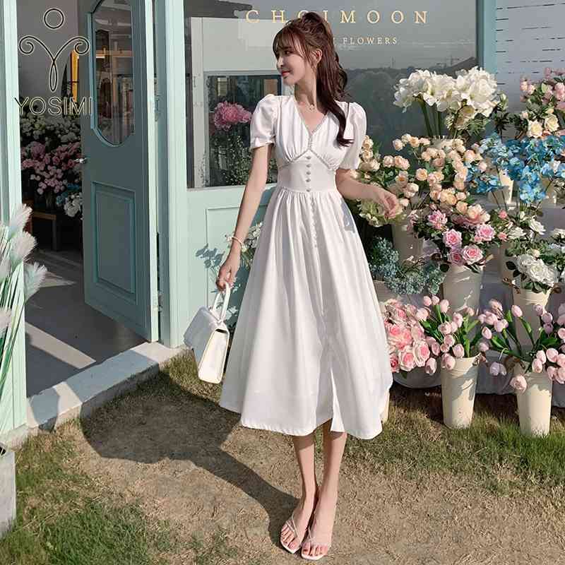 

YOSIMI White Long Women Dress Elegant Summer Beading V-neck Mid-calf A-line Evening Party Short Sleeve Vestido Feminino 210604