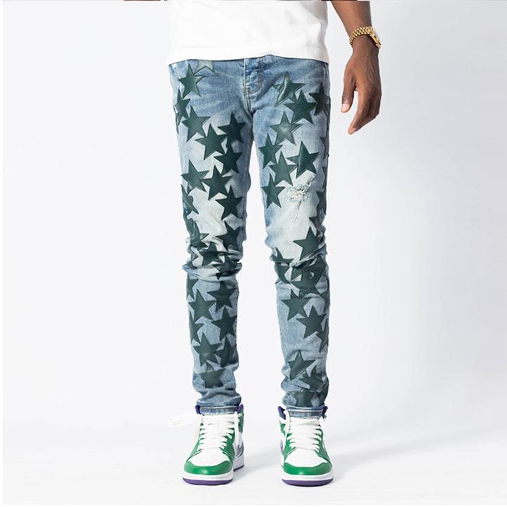 

American High Street Brand Amir Blue Patchwork Washed Jeans Designer Man Pants Streetwear Belt Men's Jeans Trousers Men's Clothing, 001 wash blue