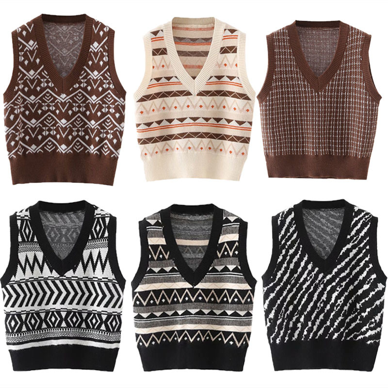 

Vintage Plaid Knit Vest Sweater Women Winter V Neck Animal Printed Casual Pullover Female Fashion Gothic Knitted Top 210518, 20699-3