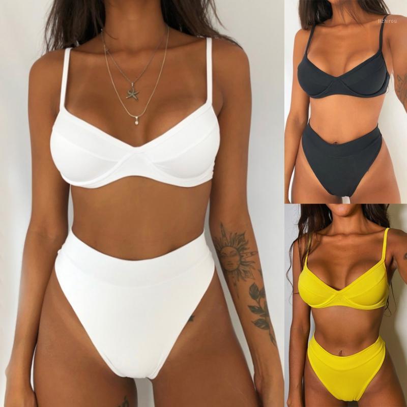 

Women' Swimwear 2021 High Waist Bikini Women Swimsuit Push Up Solid Color Set Brazilian Bathing Suit Swimming Wear Female, White
