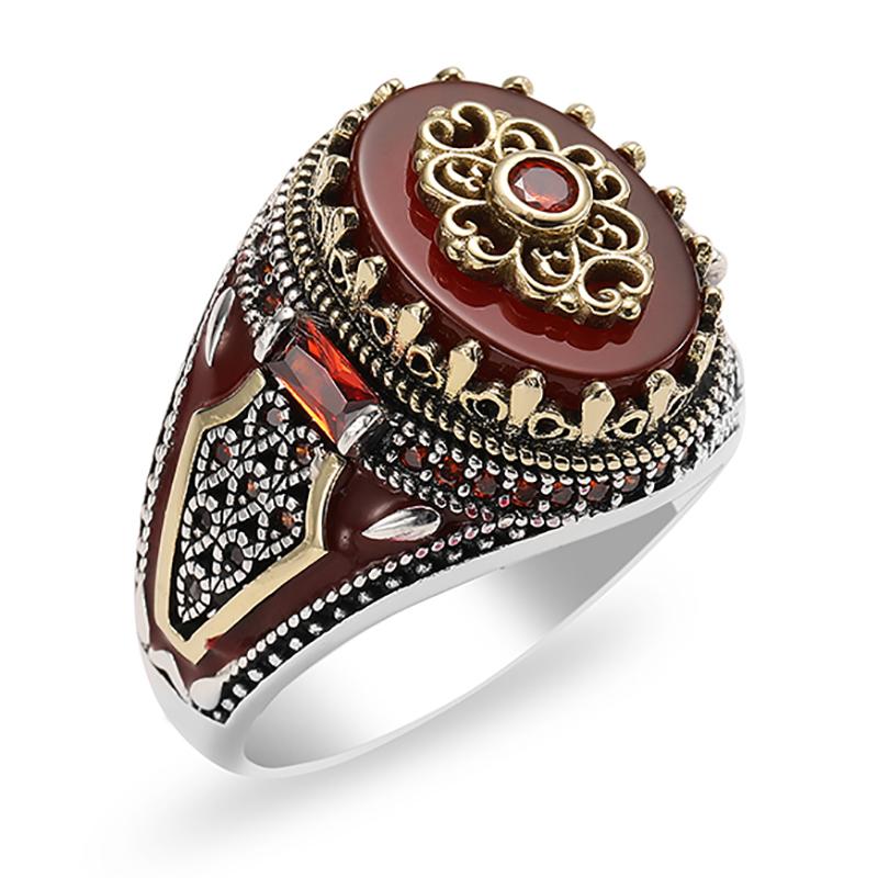 

Cluster Rings Vintage Natural Red Stone Ring Unisex Turkish Handmade King Crown Luxury Jewelry Gift, Golden;silver