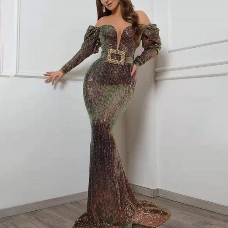 Elegant Mermaid Evening Dresses African Long Sleeves Lace 2021 gold See Through Full Sleeves Beaded Prom Gowns Robe De Soiree-image-731440661