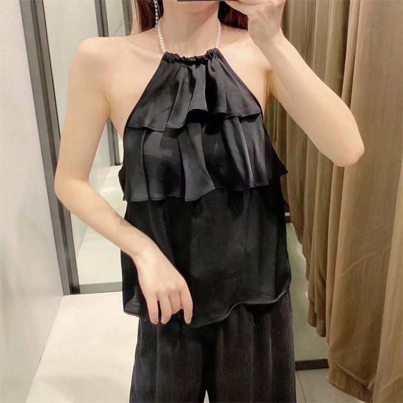 

Women's Blouses & Shirts Women 2022 Fashion Sexy Faux Pearl Embellished Halter Black Blouse Female Sleeveless Shirt Streetwear, As picture
