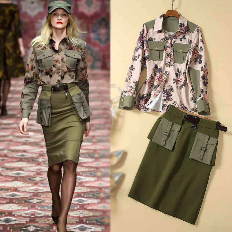 

Casual Dresses Autumn Fashion High Quality Party Workplace Flower Print Shirt Top Sexy Pencil Half Skirt Vintage Elegant Chic Women' Sets R1ZV, 1# packing bag