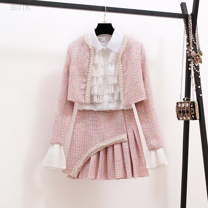 

Fashion New Autumn Winter Ladies Suits Elegant Ruffles White Blouses Beaded Short Jackets Tweeds Mini Skirts Women 3 Pcs Set, Beige