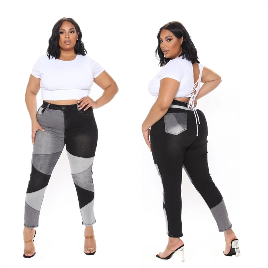 

Women Plus Size Patchwork Skinny Jeans Fashion Design Spring Summer High Waistline High-elastic Trousers Ladies Casual Streetwear Pencil Pants, Blue
