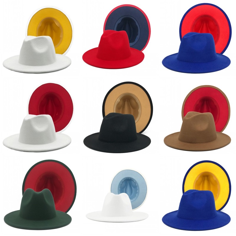 

Felt Fedora Hat for Men Women Patchwork Jazz Caps Girls mens Wide Brim Fashion Artificial Wool Double Color Panama Cap Ladies 2230 Q2, Blue;gray