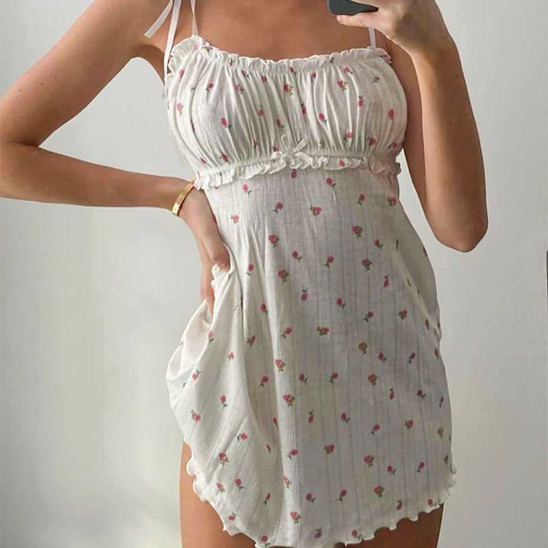 

2021heyoungirl floral printed sleeveless spaghetti strap dress summer white a line short dresses ladies ruched tie up casual dress, Black;gray