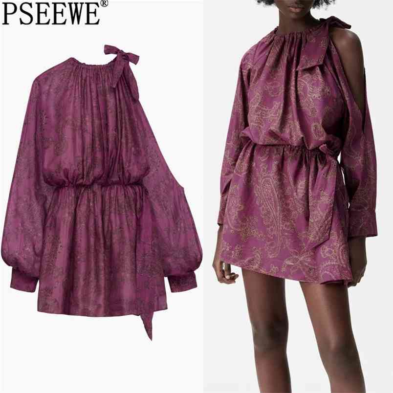 

Dress Woman Vintage Print Short Summer Women Bow One Shoulder Cut Out Mini Puff Long Sleeve es 210519