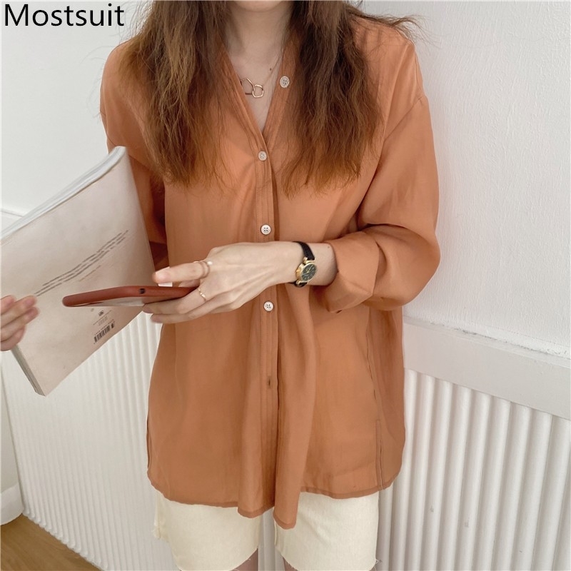 

Korean Stylish V-neck Women Blouses Shirts Long Sleeve Sinlge-breasted Sunscreen Tops Casual Fashion Loose Blusas 210518, Yellow