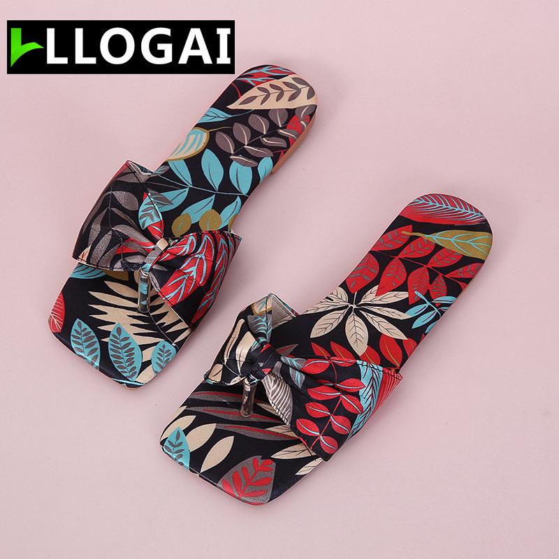 

Slippers Outside Rome Bow-Knot Slides Shoes Bow 2021 Summer Woman Print Flat Leather Feminino Bohemian Beach Casual Chaussure, Black