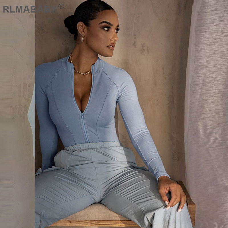 

Autumn Winter Patchwork Bodysuit Top Fashion Sexy Zipper Romper Bodysuit Slim O Neck Long Sleeve Elastic Women Jumpsuit Bodysuit, Black