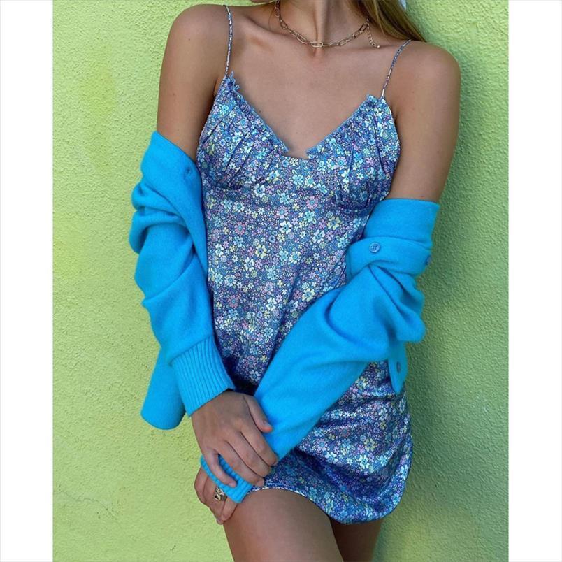 

blue flowers print women dresses spaghetti strap summer ruched chest short sundress party club backless mini, Black;gray