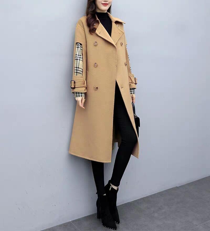 

Women's Wool & Blends Women Woolen Coat Adjustable Waist Belt Extra Long With Sash Double Breasted Overcoat Outerwear Female Cloth, Black