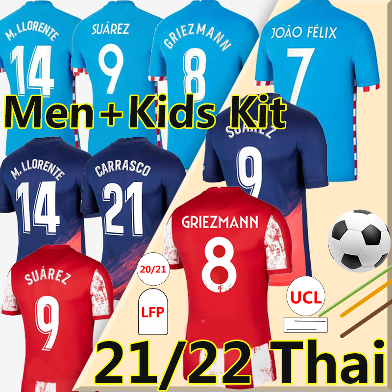 

21/22 Atletico Soccer Jerseys de Madrid GRIEZMANN JOÃO FÉLIX 2021 2022 Suarez CORREA KOKE Dembélé Carrasco M.LLORENTE LEMAR DEMBELE Men women Kids Kits football uniform